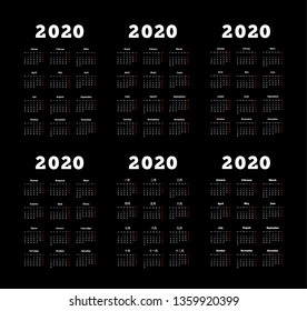 Set of 2020 year simple vertical calendars on different languages like english, german, russian, french, spanish and chinese on dark