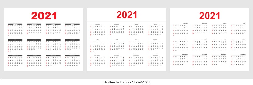 Set of 2021 Calendar layout, set of 12 months, week start from Sunday, simple concept calendar layout template for website and business, vector illustration.