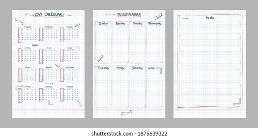 Set of 2021 calendar, weekly planner and to do list. hand drawn font type text and elements, school note style, checkered notebook sheet with lineart arrows and frames