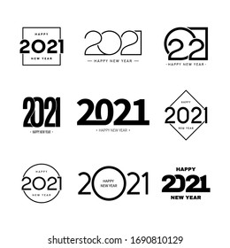 Set of 2021 happy new year signs. Collection of 2021 happy new year symbols. Vector illustration with black holiday labels isolated on white background.