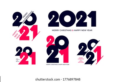 Set of 2021 Happy New Year signs. Collection of 2021 number design template. Vector illustration with dark blue holiday labels isolated on white background.