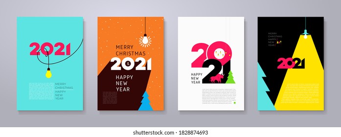 Set of 2021 Happy New Year posters. Creativity inspiration concepts with lightbulb on color background. Business solution,planning ideas. Glowing contents. Minimalist backgrounds for branding, banner.