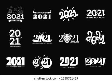 Set of 2021 Happy New Year signs. 2021 text typography design collection in different styles. Black and white colors. Applicable for calendar, invitation, web banners, prints, greeting card.