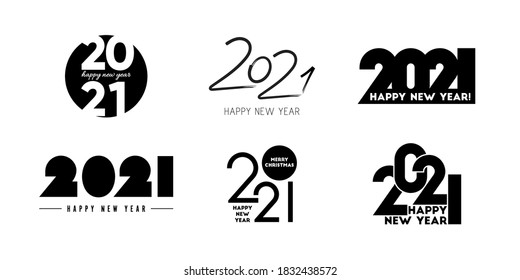 Set of 2021 Happy New Year logos. New Year 2021 logo text design. Trendy design for banner, poster, cover and calendar. Vector template. Collection of 2021 signs isolated on white background