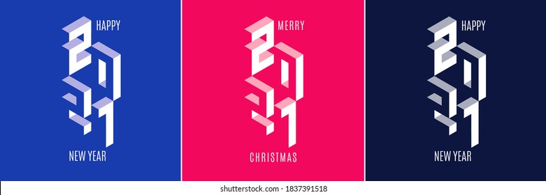 Set of 2021 Happy New Year logos. Modern bright Christmas design for banner, poster, calendar, postcard, greeting cards, invitations, flyer, sticker, stripe, web