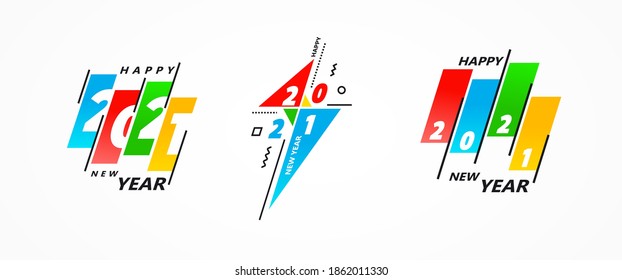 Set 2021 Happy New Year logo text colored stripes and lines. 2021 colorful number design template.