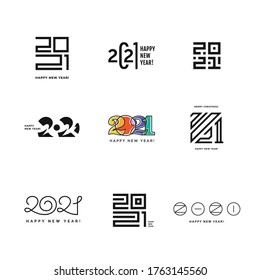 Set of 2021 logo text design. Vector elegant modern minimalistic text with black numbers. 2021 number design template. Concept design. Big collection of Happy New Year signs.