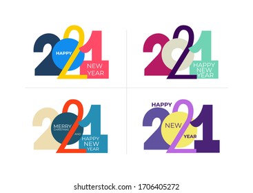 Set of 2021 text logo design. Colored Happy new year label. Business decoration sign. Brochure design template, card, banner, postcard. Vector illustration. Isolated on white background.