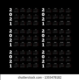 Set of 2021 year simple calendars on different languages like english, german, russian, french, spanish and chinese on dark