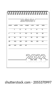 Calendario de 2022: Agosto. Borde negro sobre fondo blanco. Ilustración vectorial.