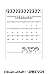 Set of 2022 Calendar: December. Black outline on white background. Vector illustration.