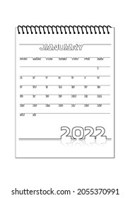 Set of 2022 Calendar: January. Black outline on white background. Vector illustration.