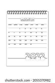 Set of 2022 Calendar: March. Black outline on white background. Vector illustration.
