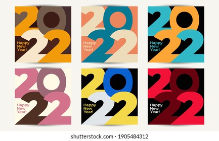 Set of 2022 Happy New Year posters. Design templates with logo 2022. Minimalistic trendy design for background, banner, cover, card. Vector EPS 10