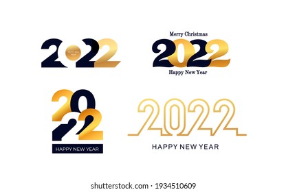 Set of 2022 Happy New Year gold and black logo text design. 20  22 golden number design template. Vector illustration 2022 Xmas symbols. Isolated on white background.