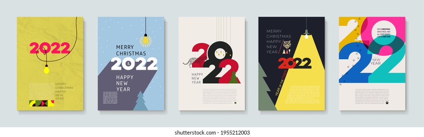 Set of 2022 Happy New Year posters. Creativity inspiration concepts with lightbulb on color background. Business solution,planning ideas. Glowing contents. Minimalist backgrounds for branding, banner.