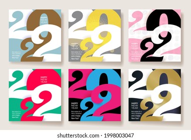 Set of 2022 Happy New Year. Design trend template with colorful logo 2022 for celebration and season decoration. Christmas colored vector trendy background for branding, calendar, card, banner, cover.