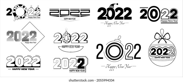 Set of 2022 happy new year signs.  Collection of 2022 happy new year symbols. Vector illustration with black labels isolated on white background.