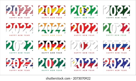set of 2022 happy new year in countries flag
