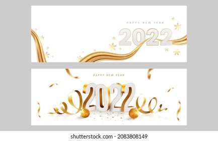 Set Of 2022 Happy New Year Banner Or Header Design In Golden And White Color.