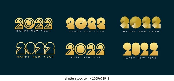 Set 2022 Happy New Year logo text gold color. 2022 set number design template.