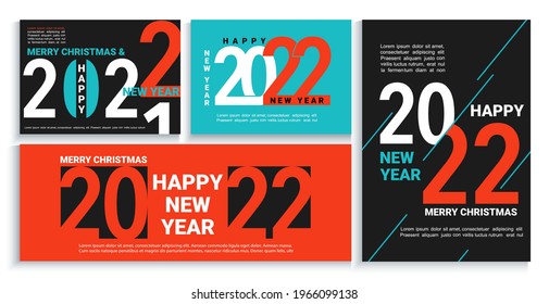 Fijar banners, volantes, tarjetas, carteles de Año Nuevo 2022 en negro, rojo, azul.Folletos modernos, tarjetas de invitación y saludos, volantes, encabezados, diarios de negocios, portada de calendario con números para 22 años.Vector