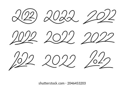 Set of 2022 New Year calligraphic numbers text. Line art style lettering design isolated on white. Editable stroke. Vector typography design