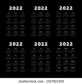 Set of 2022 year simple vertical calendars on different languages like english, german, russian, french, spanish and chinese on dark
