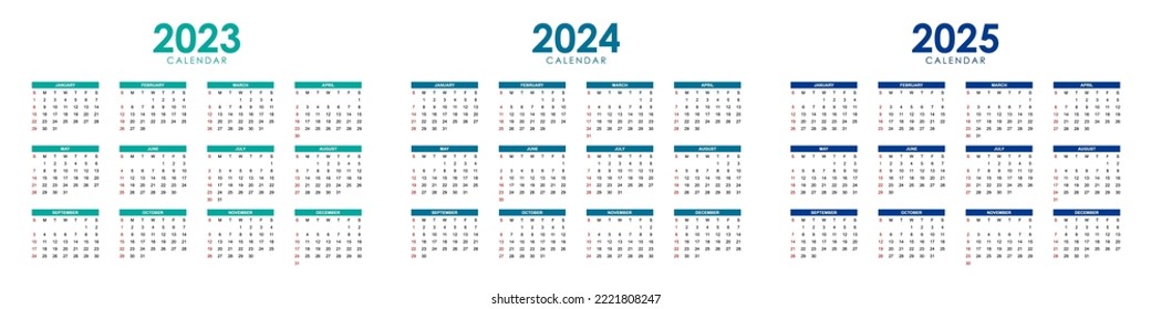 Set of 2023, 2024, and 2025 annual calendar template design