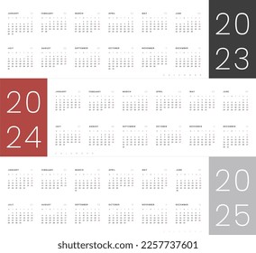 Set of 2023, 2024, 2025 Annual Calendar template. Vector layout of a wall or desk simple calendar with week start monday. Horizontal Calendar design in black and white colors, holidays in red colors.