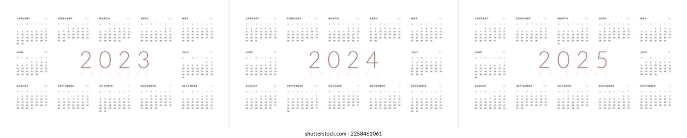 Set of 2023, 2024, 2025 Annual Calendar template. Vector layout of a wall or desk simple calendar with week start monday. Horizontal Calendar design in black and white colors, holidays in red colors.