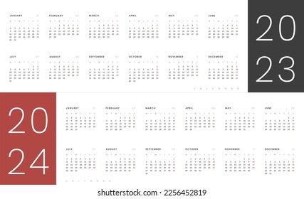 Set of 2023, 2024 Annual Calendar template. Vector layout of a wall or desk simple calendar with week start monday. Horizontal Calendar design in black and white colors, holidays in red colors.