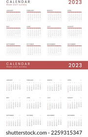Set of 2023 Annual Calendar template. Vector layout of a wall or desk simple calendar with week start Sunday. Calendar design in black and white colors, holidays in red colors.