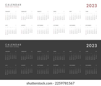 Set of 2023 Annual Calendar template. Vector layout of a wall or desk simple calendar with week start Sunday. Calendar design in black and white colors, holidays in red colors.