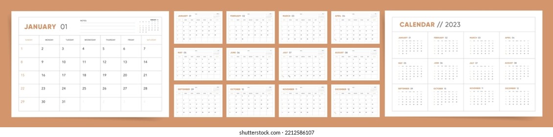 Set of 2023 Calendar planner template with place for notes. Vector layout business calendar. Week starts Sunday. Calendar grid in brown and white colors for print.