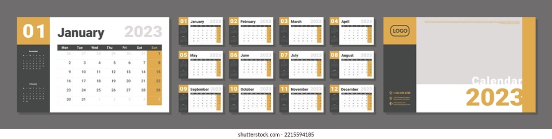 Conjunto de plantilla de planificador de calendarios 2023 y portada con el logotipo Place for Photo, Company. Diseño vectorial de un calendario sencillo de pared o escritorio con el lunes de inicio de semana en color amarillo y gris para impresión