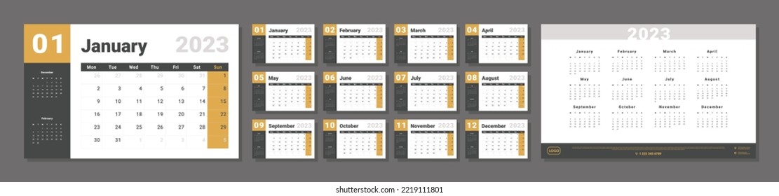Set of 2023 Calendar Planner Template. Vector layout of a wall or desk simple calendar with week start monday in yellow and grey color for print
