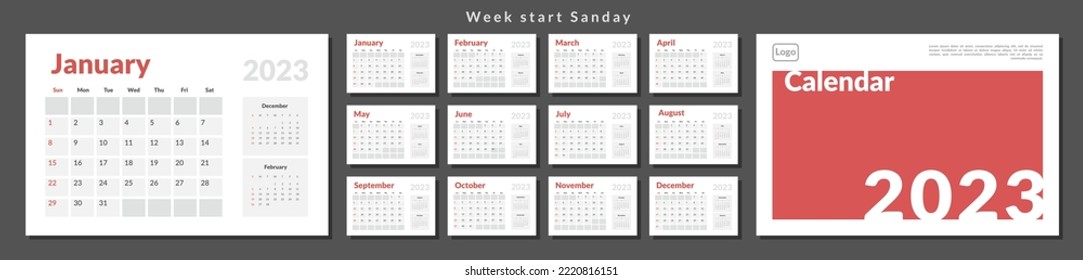 Set of 2023 Calendar Planner Template and cover with Place for Photo, Company Logo. Vector layout of a wall or desk simple calendar with week start sunday. Calendar grid in grey color for print