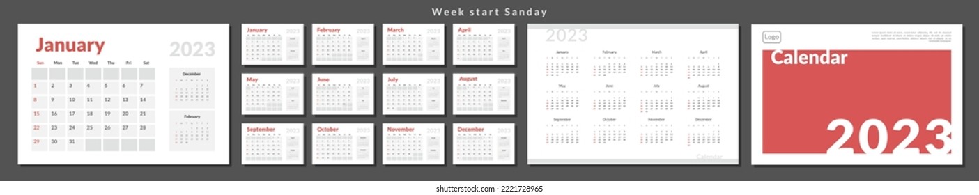 Set of 2023 Calendar Planner Template and cover with Place for Photo, Company Logo. Vector layout of a wall or desk simple calendar with week start sunday. Calendar grid in grey color for print