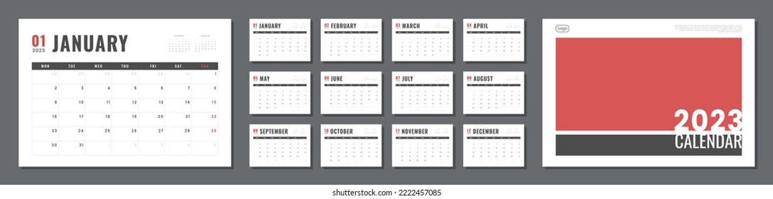 Conjunto de plantilla de planificador de calendarios 2023 y portada con el logotipo Place for Photo, Company. Diseño de rejilla simple vectorial para pared o calendario de escritorio con inicio de semana el lunes para impresión