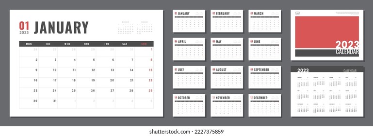 Set of 2023 Calendar Planner Template, and cover with Place for Photo, Company Logo. Vector simple grid layout for wall or desk calendar with week start on Monday for print