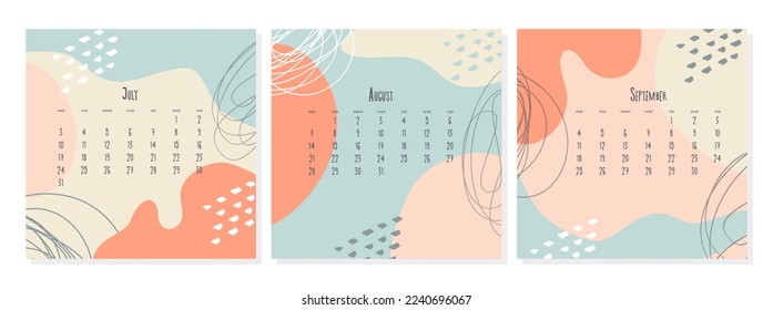 Set of 2023 calendar template by months July August September , calendar cover concept, boho style abstract illustration.