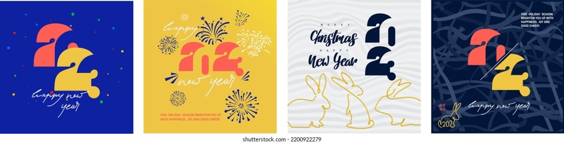 Set of 2023 colorful Happy New Year. Posters design typography logo 2023 for celebration and season decoration, branding, backgrounds, banner, cover, card, social media template. Vector illustration.