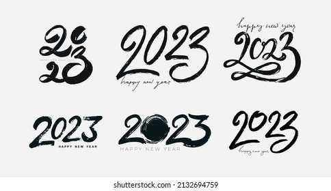 Set of 2023 hand sketch logo. Lettering numbers brush stroke 2023 for New Year, graduation party decoration. Template for cards, printed, invitations, labels. Vector isolated on white background.