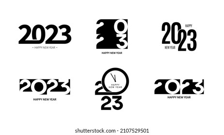 Set von 2023 glückliche neue Jahreszeichen. Sammlung von 2023 glücklichen neuen Jahressymbolen. Vektorgrafik mit schwarzen Feiertagssymbole einzeln auf weißem Hintergrund.