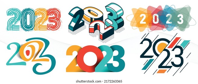 Set of 2023 Happy New Year logo text design template. Collection of year 2023 typography icons. Vector illustration with colorful labels isolated on white background. Creative modern retro hand drawn.