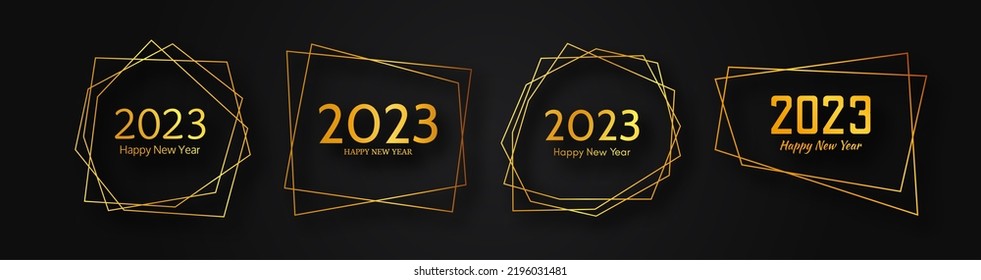 Set of 2023 Happy New Year gold geometric polygonal backgrounds. Gold geometric polygonal frame with shining effects for Christmas holiday greeting card, flyers or posters. Vector illustration