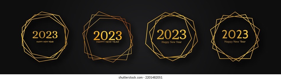 Conjunto de 2023 Happy New Year geométrico polígono dorado. Marco poligonal geométrico dorado con efectos brillantes para tarjetas de felicitación, volantes o carteles navideños. Ilustración del vector
