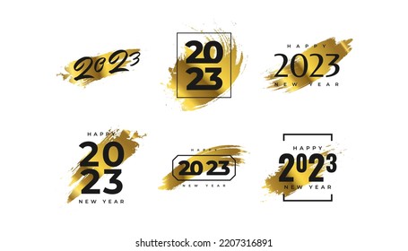 Set of 2023 Happy New Year Logo Text Design with Golden Brush. 2023 Happy New Year Symbol Isolated on White Background. Usable for Label, Calendar Design or Celebration Card