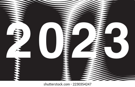 Set of 2023 Happy New Year logo text design. 2023 number design template. Collection of 2023 Happy New Year symbols. Vector illustration with black labels isolated on white background.